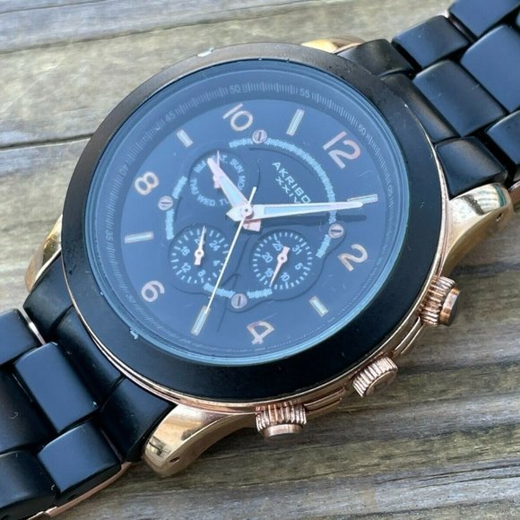 Akribos XXIV Ladies Wrist Watch Black/Gold Tone Analog Multi Function Watch - Picture 11 of 11